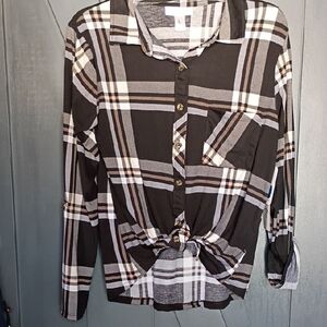Plaid Button Down Shirt - Black and Peach - Wear Tied Or UnTied.